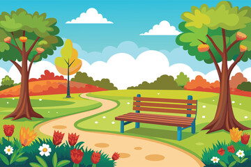 A cheerful cartoon illustration depicts a sunny park scene, featuring a winding path, a wooden bench, and lush greenery.