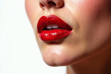 Obraz premium Close-up vibrant red lipstick, pristine white backdrop, makeup, red lipstick tube