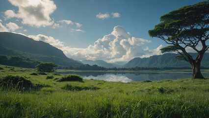 mountain landscape with lake and tree
