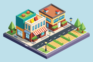 A colorful, isometric illustration of a city street with two buildings, street lights, and green spaces.