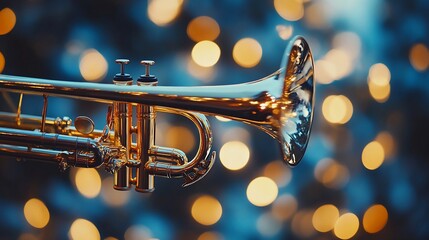 Elegant brass trumpet with a reflective surface against a blurred bokeh background
