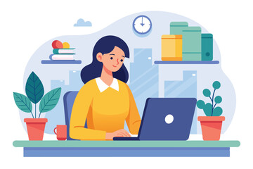 Illustration of a woman sitting at a desk in an office setting, working on a laptop. Plants, books, and a clock are in the background.
