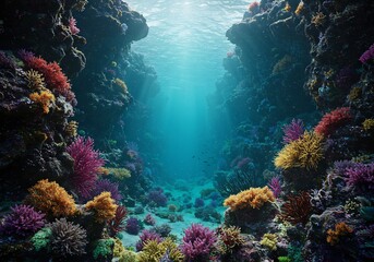 Naklejka premium Vibrant coral reef glows softly in underwater canyon. AI Generated