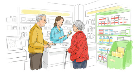 Elderly couple receiving medication consultation in a pharmacy  