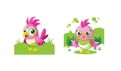 Fototapeta premium Two adorable cartoon pink and green birds