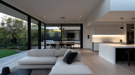 Modern open-plan living area with seamless indoor-outdoor flow, featuring a light-filled interior, minimalist design, and a contemporary kitchen