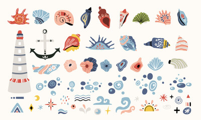 Folk hygge ocean clip arts, hand drawn vector set in Scandinavian Nordic style, isolated on white. Collection of classic ethnic elements. The scandi folk motifs - seashells, anchor and lighthouse