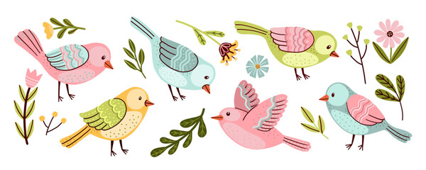 Set of colorful birds and floral elements. Vibrant birds in pastel colors are surrounded by various plants and flowers, creating a cheerful and lively scene, vector illustration 