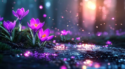 Crocus Blooms Along Forest Path with Glistening Ice Crystals in Dreamy Spring Light
