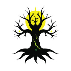 Fantasy magical tree silhouette with glowing root 
 vector style