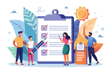 An illustration of a team of four people working together to complete a checklist, signifying collaboration and teamwork.