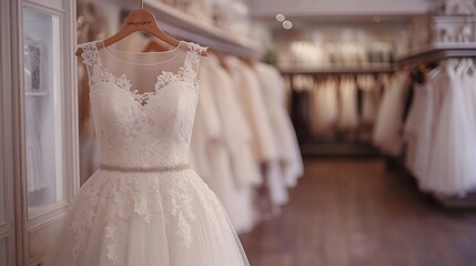 Elegant wedding dress displayed in bridal boutique against blurred backdrop