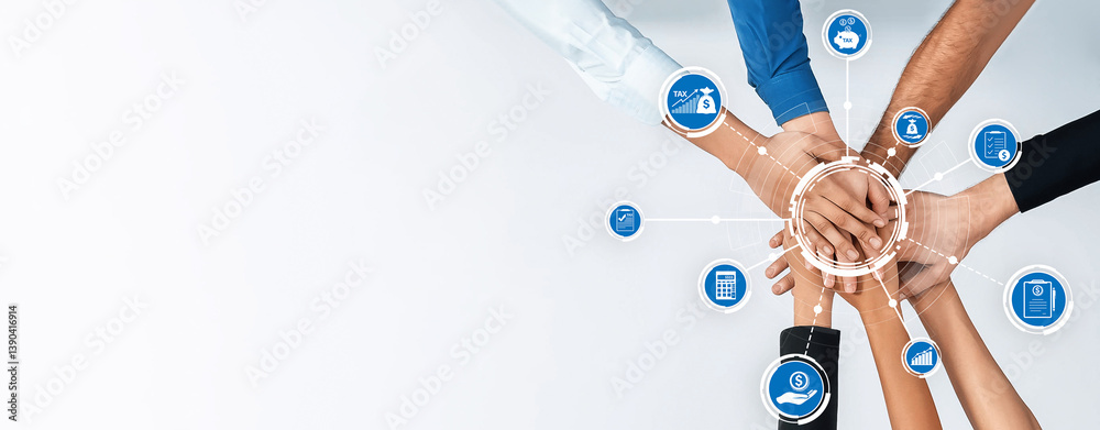 Poster this image depicts a circle of diverse hands coming together, symbolizing collaboration and teamwork