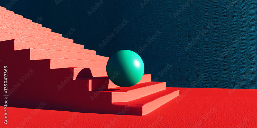 Aufkleber Red stairs and teal sphere on red platform, creating a minimalist abstract scene, showcasing product placement potential, ideal for business or design concepts