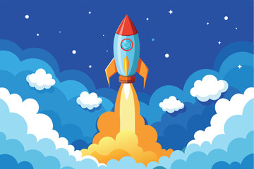 A cartoon rocket with a bright red nose and orange fins launches skyward through fluffy clouds. The background is a deep blue night sky with small white stars.