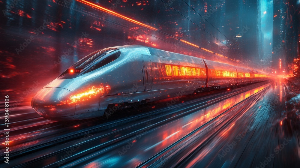 Poster a futuristic smart train speeds through a vibrant, digitally enhanced cityscape at night, showcasing
