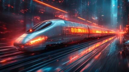 A futuristic smart train speeds through a vibrant, digitally enhanced cityscape at night, showcasing advanced automation and innovative transportation solutions.