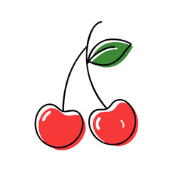 Two Red Cherries with Leaf on White Background  