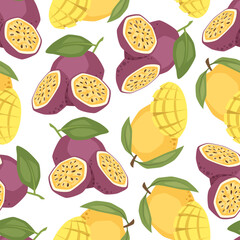 Vector seamless pattern with passion fruit and mango on white background