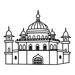 Majestic Mosque Line Art Illustration with Domes and Minarets for Cultural Designs