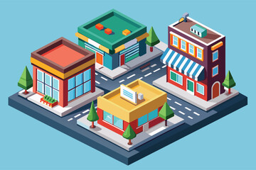Obraz premium An isometric city block with four businesses: a store with a green roof, a building with a striped awning, a tall building, and a small restaurant. Blue background, sidewalks with trees.