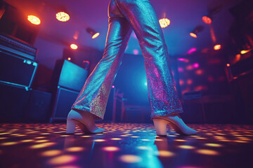 Solo disco dancer electrifies neon-lit floor with rhythmic retro 70s moves