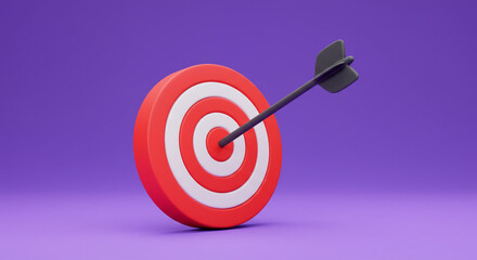 A perfectly aimed arrow striking the bullseye, symbolizing achievement and success against a vibrant purple backdrop.