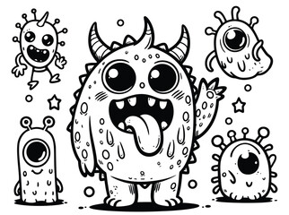 Cute Monster with Tongue Out and Alien Friends Coloring Page, Fun Cartoon Creatures for Kids, Printable Activity Sheet with Whimsical Characters, Line Art with Stars and Bubbles, Imaginative Coloring 