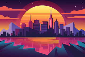 A digital illustration of a city skyline at sunset, with vibrant colors and geometric shapes.