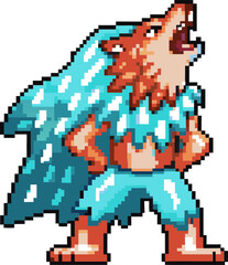 pixel art werewolf howling in blue cape retro gaming character roaring confidently