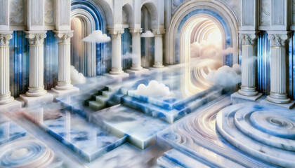 A dreamy marble palace with glowing arches, floating clouds, and soft light in a surreal, ethereal atmosphere.