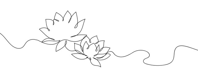 Fototapeta premium Continuous lines, pair of lotus flowers line art vector illustration editable stroke.