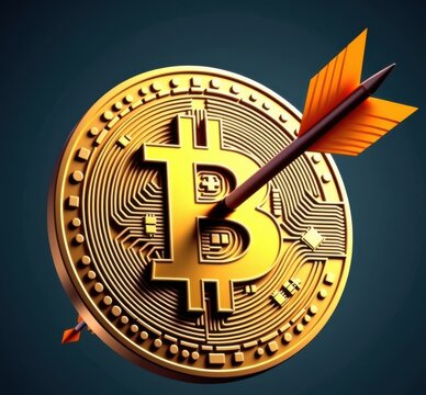 Moneda de Bitcoin atravesada por una flecha sobre fondo azul, periodo de declaraci&oacute;n de la renta, patrimonio, bienes, rentabilidad, en la mira, afilado cripto monedas, impuestos aranceles