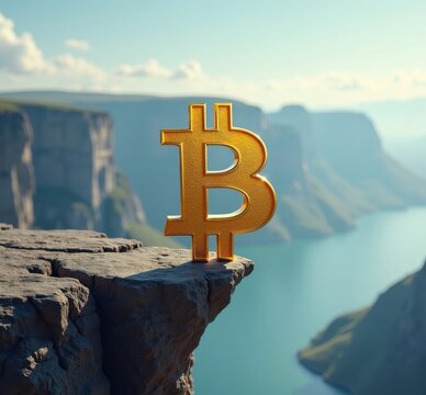 El logo de Bitcoin en dorado en la cima de la monta&ntilde;a, al filo de un acantilado. consejo de inversi&oacute;n, haga sus propias averiguaciones, mercado financiero vol&aacute;til. Fondo paisaje monta&ntilde;oso con un rio