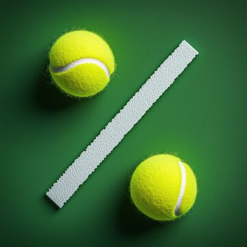 Idea conceptual de porcentaje con pelotas de tenis y una cinta blanca, s&iacute;mbolo %, porcentual, estad&iacute;sticas, partidos, probabilidades, an&aacute;lisis t&eacute;cnico finanzas