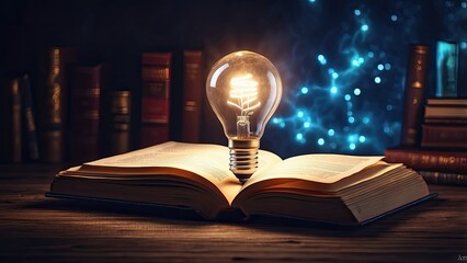 An open book on a wooden table with a glowing lightbulb emerging from its pages