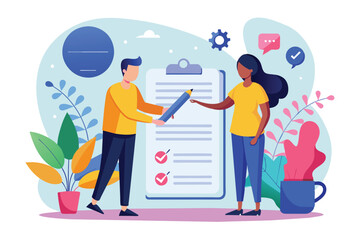 Two individuals, a man and a woman, are working together on a checklist. The man is handing a pencil to the woman, while she points to a specific section on the checklist.