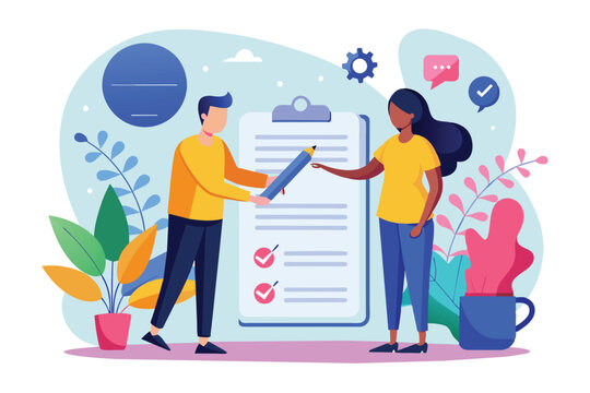 Two individuals, a man and a woman, are working together on a checklist. The man is handing a pencil to the woman, while she points to a specific section on the checklist.