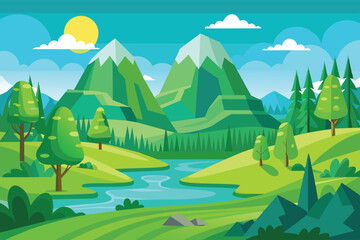 Obraz premium A vibrant, cartoon-style landscape with two green mountains, a winding blue river, and lush green trees. The sky is clear and blue with fluffy white clouds.