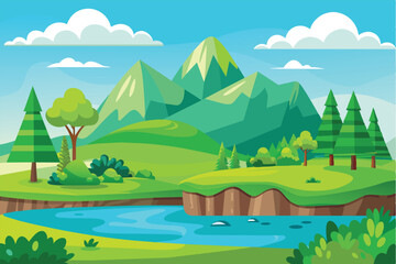 Fototapeta premium A colorful illustration of a peaceful mountain landscape with a winding river and lush green trees. The scene is vibrant and inviting, perfect for a relaxing backdrop.