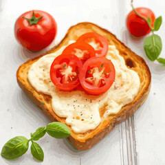 Cheesy Tomato Toast with Basil on Rustic White Table