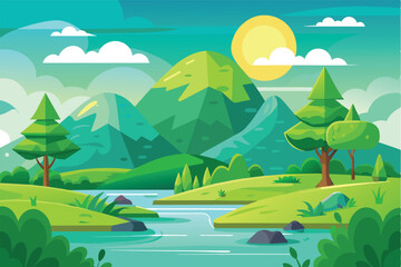 Obraz premium A digital illustration of a green mountain range with a sunny sky, clouds, and a winding river.