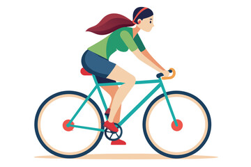 Obraz premium A woman with long red hair is riding a blue bicycle with headphones on. She is wearing a green shirt and blue shorts. The bicycle has a white frame and black tires.