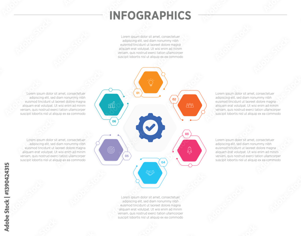 Wall mural business colorful infographics template. 6 steps rounded timeline with options and marketing icons .