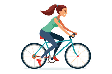 Obraz premium A cartoon illustration of a woman with brown hair riding a blue bicycle. She is wearing a green tank top, blue pants, and red shoes.