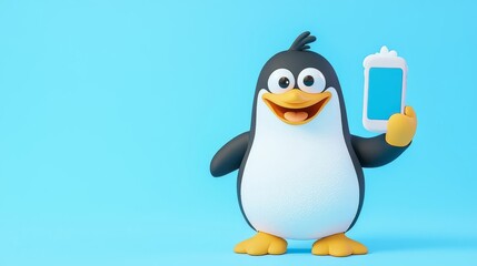 Naklejka premium Cheerful cartoon penguin holding a smartphone against a vibrant blue background, ideal for playful designs.