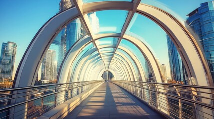 Fototapeta premium Modern glass pedestrian bridge connecting city skyscrapers