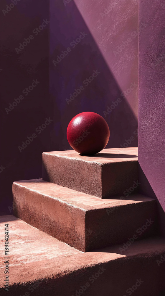 Poster red sphere rests on three-tiered brown steps against a purple wall, creating a minimalist, geometric