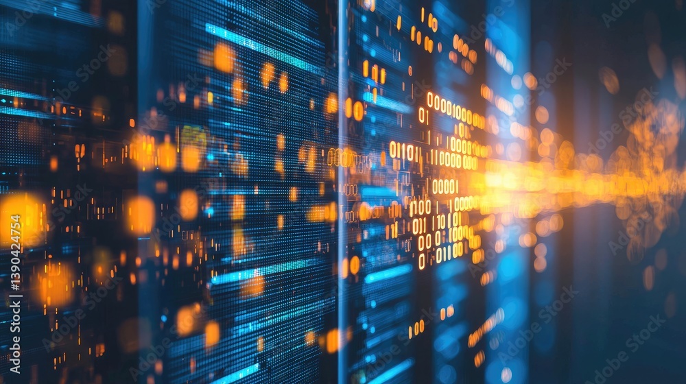 Aufkleber High-tech data server room with glowing binary code and digital reflections, great for AI, cybersecurity, machine learning, and data transmission concepts