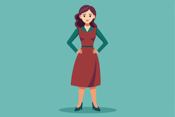 A woman with purple hair stands confidently with her hands on her hips, wearing a red dress and green sweater.